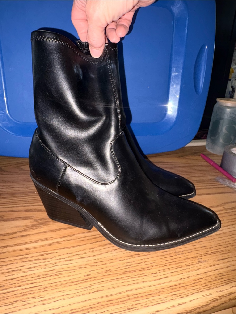 Women's Black Pointed Toe Ankle Boots with Block Heel